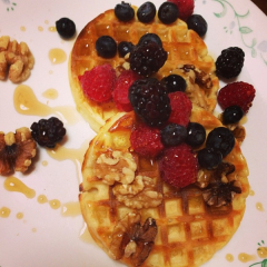toaster waffles, fresh berries and maple syrup available at Costco