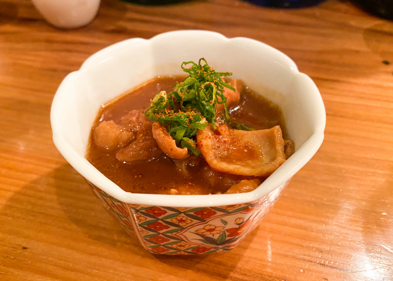 Chicken skin stewed in miso at Kitchen Minot