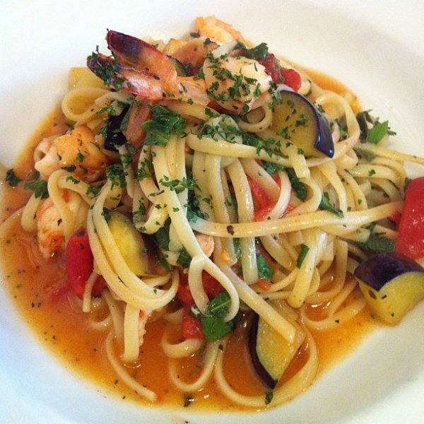 Fresh noodle pasta with shrimp and shiso Japanese mint