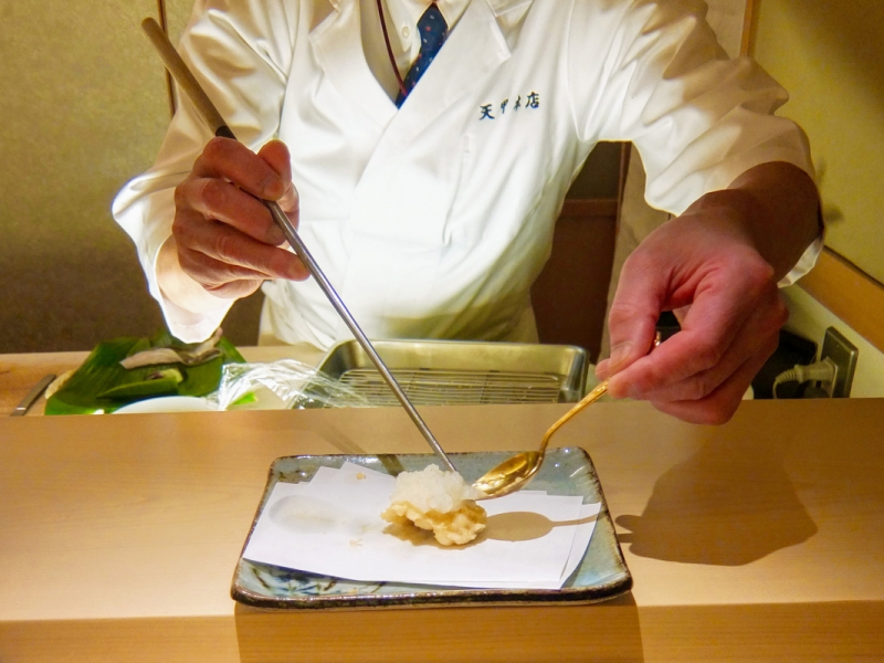 Hamo (pike conger) topped with ground daikon at Tempura Tenko