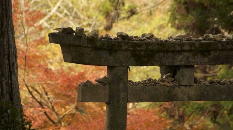 Autumn leaves behind a stone torii gate at Shinomiya Shrine in Momiji-dani on Miyajima in Hiroshima, Japan