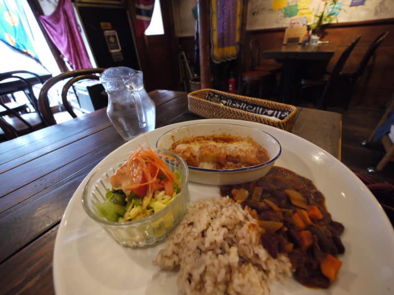 Vegetarian Tex-mex lunch plate at Otis! in Hiroshima, Japan