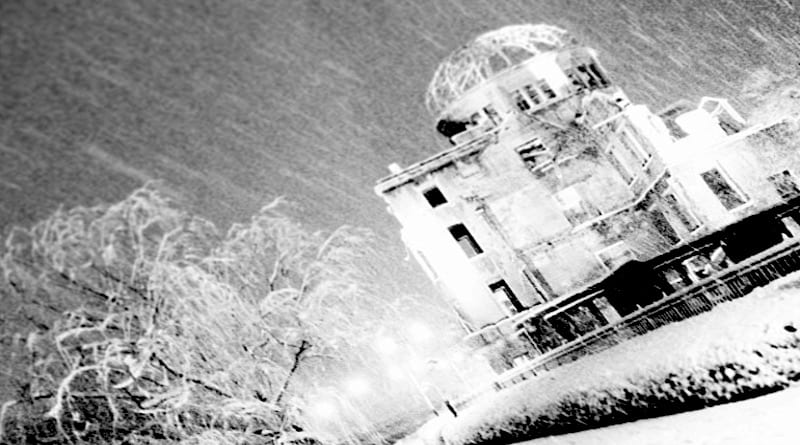 Hiroshima's A-bomb Dome monument in a heavy snowstorm