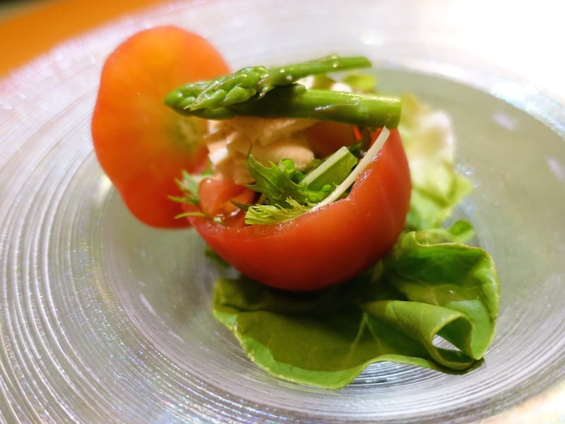 vegetarian kaiseki tomato and asparagus salad