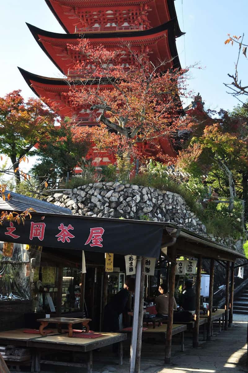 To-no-oka Chaya noodle shop next to the 5 storey pagoda on Miyajima in Hiroshima, Japan in autumn