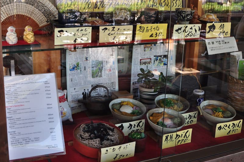 Food displays at To-no-oka Chaya noodle shop next to the 5 storey pagoda on Miyajima in Hiroshima, Japan