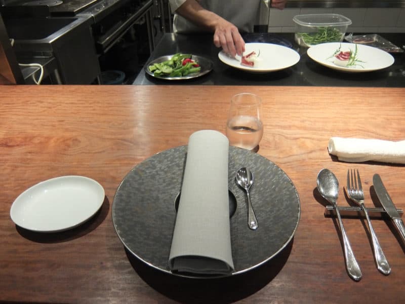 Place setting at the counter in Michelin starred restaurant Hiroto in Hiroshima, Japan