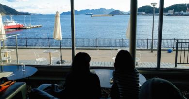Sea views from 24/7 coffe&roaster cafe on the Ujina waterfront in Hiroshima Japan