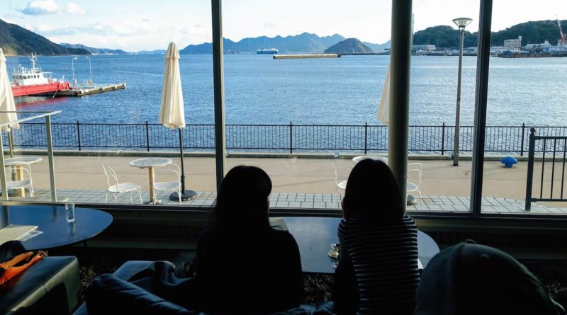 Sea views from 24/7 coffe&roaster cafe on the Ujina waterfront in Hiroshima Japan